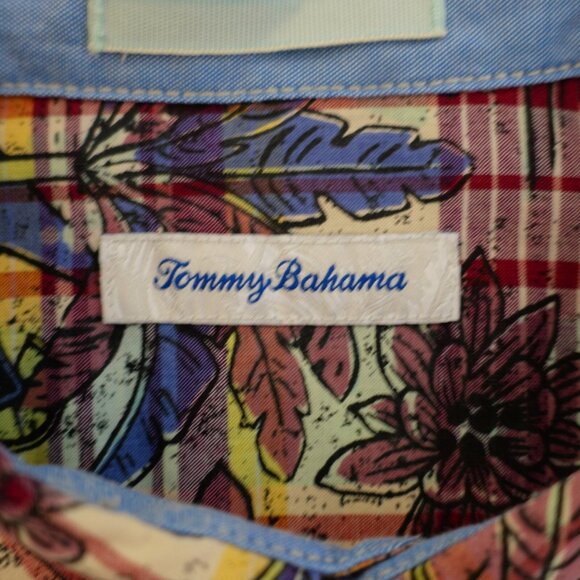 Tommy Bahama Red Yellow Blue Floral Plaid Collared Dress Shirt XL Cotton Flip Cu - Picture 10 of 13